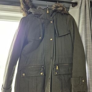 Michael Kors Olive Utility Jacket with Faux Fur Hood Trim